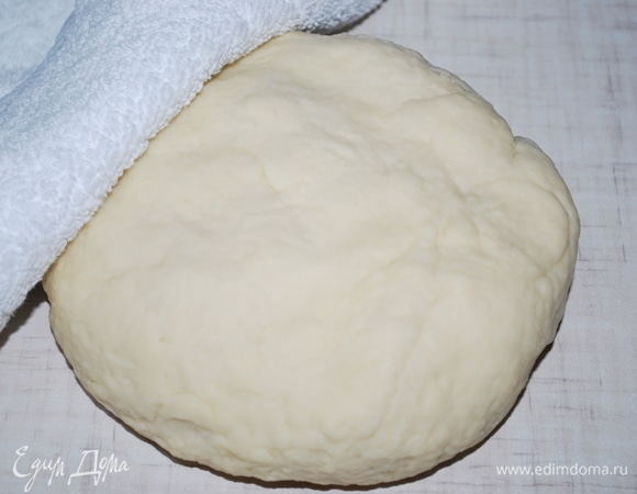 Сделайте тесто. В муку добавьте соль, сахар, кипяток и растительное масло. Вымесите тесто, оно получается мягким. Накройте его полотенцем.