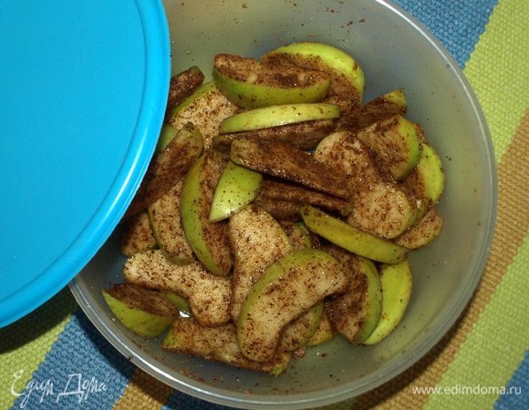 Хорошо встряхиваем. Можно просто смешать корицу с сахаром и окунуть в смесь каждую яблочную дольку.