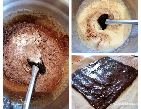 Во взбитые яйца добавить шоколад и аккуратно перемешать. Ввести и перемешать лопаточкой мучную смесь. Оптимально подойдет квадратная форма с отделяющимся дном. Но если такой нет, то начертить на пергаментной бумаге квадрат величиной 23×23 см. Выложить тесто, ориентируясь на чертеж, выпекать в заранее разогретой до 180°C духовке 10–12 минут. Не пересушить! Готовый корж охладить.