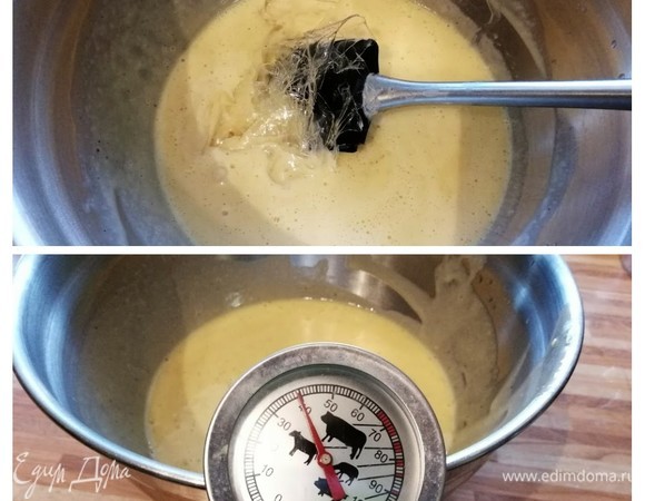 Довести до кипения цельное молоко со 100 мл сливок. В это время взбить желтки (3 или 4 желтка, в зависимости от размера яиц) с сахаром до кремовой консистенции и посветления. При постоянном помешивании вылить горячее молоко в яичную смесь. Возвратить все обратно в кастрюлю и нагреть до 82°C (я не дождалась данной температуры и перелила смесь, дождавшись ее легкого загустения (принцип мороженого)). Вылить слегка загустевшую молочную смесь в миску поверх белого шоколада. Перемешать до полного растворения шоколада. Ввести в крем и тщательно размешать хорошо выжатый желатин. Когда температура смеси снизится до 40–45°C (это важно, чтобы крем не взялся комками, при необходимости слегка прогрейте его), взбить оставшиеся 300 мл сливок и в несколько приемов ввести их в крем.