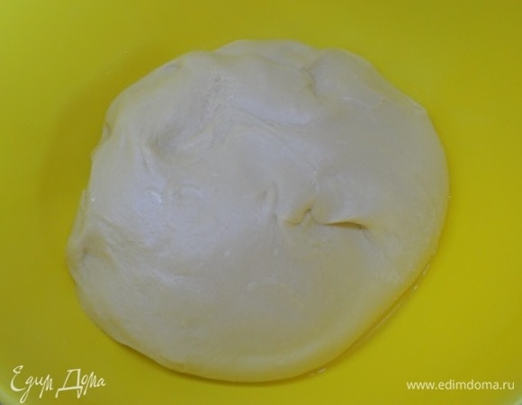 Взбиваем сахар и соль с яйцами, затем добавляем молоко и растительное масло, дрожжи. Все тщательно смешиваем до однородности и порционно вводим муку, может понадобиться меньше. Вымешиваем мягкое тесто и делим его на две части.