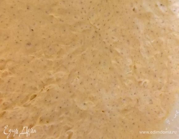 Готовим пулиш. Смешиваем все сухие ингредиенты. Добавляем 100 мл розмариновой воды + 200 мл воды. Размешиваем и оставляем на 12 часов.