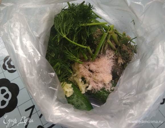 Взять два пакета и вложить друг в друга. В пакеты уложить произвольно огурцы, засыпать чеснок, специи и укроп.