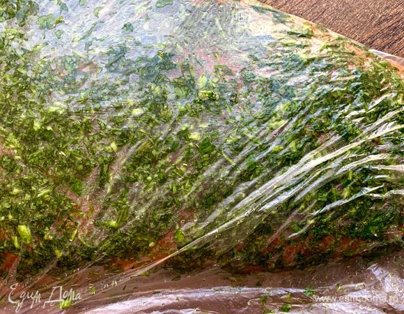 Семгу — в пакет, залить водкой, плотно завернуть. Поставить в холодильник под гнет кожей вниз. Оставить на сутки, не переворачивать!