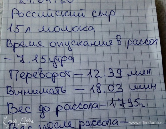 Так я веду записи для каждого сыра. Поверьте, это очень удобно. Взвесить после посола сыр (в этот раз я забыла). Но могу сказать, что на 30 г он точно стал меньше.