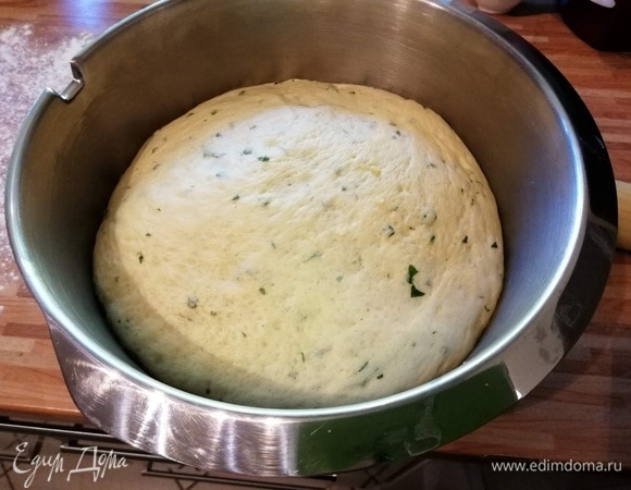 Подошедшее тесто обмять и выложить на припыленную мукой поверхность.