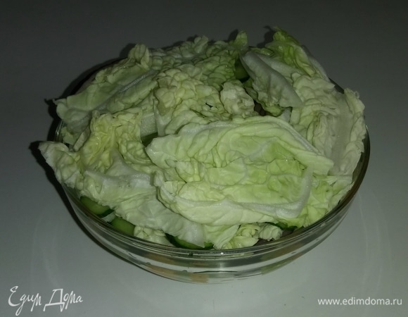 Затем снова нужно положить слой листьев китайского салата, затем — слой нарезанного лука и слой нарезанного огурца. Повторять эту очередность, пока емкость не заполнится полностью. Закончить нужно слоем нарезанных листьев китайского салата. Емкость должна быть заполнена плотно, чтобы овощи хорошо промариновались.
