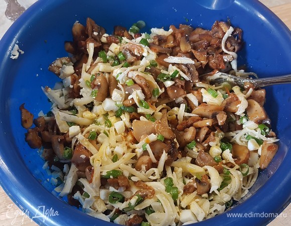 Смешать все ингредиенты, посолить и поперчить по вкусу. От себя добавила в начинку зеленый лук (очень много его выросло на огороде).