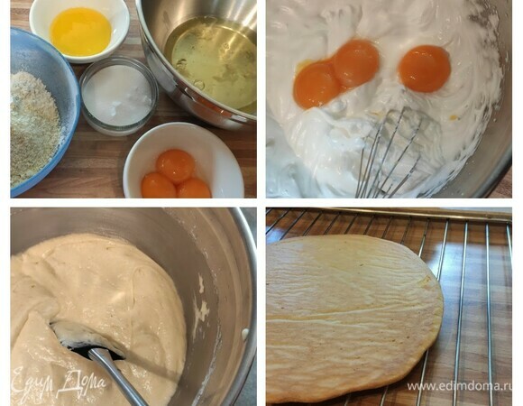Следующим шагом будет выпечка бисквитов. Разогрейте духовку до 190°C. Отделите желтки от белков (у меня яйца крупные, поэтому 3 шт.) и растопите сливочное масло. Взбейте яичные белки со щепоткой соли, постепенно добавляя сахар, взбейте белки в крепкую пену. Осторожно вмешайте яичные желтки. Просейте муку и введите ее в тесто, добавьте молотый миндаль, аккуратно размешайте. В конце порциями вмешайте растопленное и слегка охлажденное сливочное масло. Разделите тесто поровну на 2 противня, покрытых бумагой для выпечки. Выпекайте по очереди около 10 минут каждый. Дайте коржам остыть на решетке, предварительно сняв пергамент. У меня разъемное кольцо для выпечки диаметром 22 см, в котором я буду собирать свой чизкейк. Такого размера я выкладывала тесто на противень. Думаю, что можно выпекать бисквит и одним коржом, а потом разрезать на 2 части.