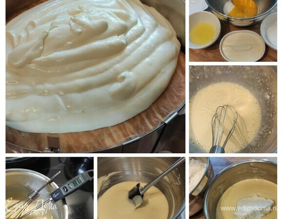 Настало время заняться, собственно, чизкейком. Замочить желатин. Снять цедру с лимона, выдавить сок половины лимона. Яичные желтки взбить с 40 г сахара добела. В сотейнике нагреть (не кипятить!) половину сыра Филадельфия (это может быть любой другой свежий сыр) с лимонным соком. Затем при постоянном помешивании ввести горячий сыр к желткам. Вылить эту смесь обратно в сотейник. На среднем огне, помешивая, нагреть до легкого загустения, максимум до 82°C (у меня начало становиться гуще уже при 70°C). Снять с огня и вмешать выжатый желатин. Растереть вторую половину свежего сыра с оставшимся сахаром и цедрой лимона и порциями ввести в крем. Крем отправить в холодильник. Затем аккуратно вмешать холодные взбитые сливки (обратите внимание, что количество сливок дается в граммах). На фото, к сожалению, не видно, насколько нежным, воздушным и невесомым получился сливочный чиз. Достать заготовку из холодильника (я выложила бока ацетатной пленкой), вылить крем, разровнять, накрыть пищевой пленкой (чтобы торт не впитал в себя посторонние запахи) и отправить в холодильник на ночь.