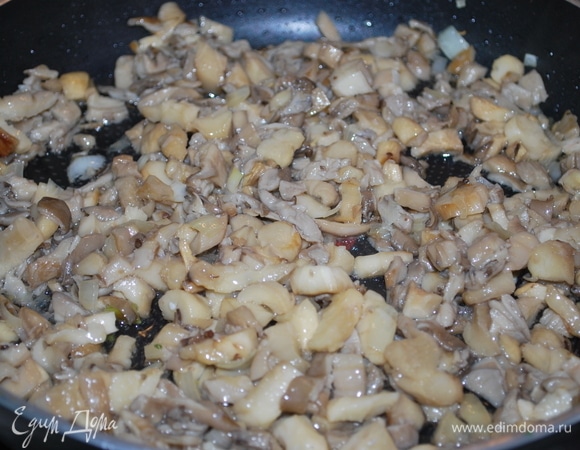 На растительном масле обжарьте репчатый лук и грибы в течение 10–12 минут. Посолите по вкусу.