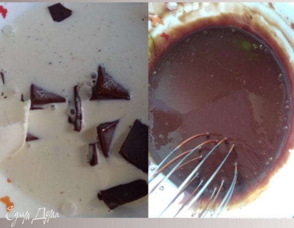 Шоколад поломать, добавить масло. Сливки довести до кипения, залить шоколад. Оставить на пару минут. Перемешать. Поставить на 10 секунд в микроволновку, снова перемешать. Если остались кусочки, прогреть еще 10 секунд. Должна получится однородная глазурь.