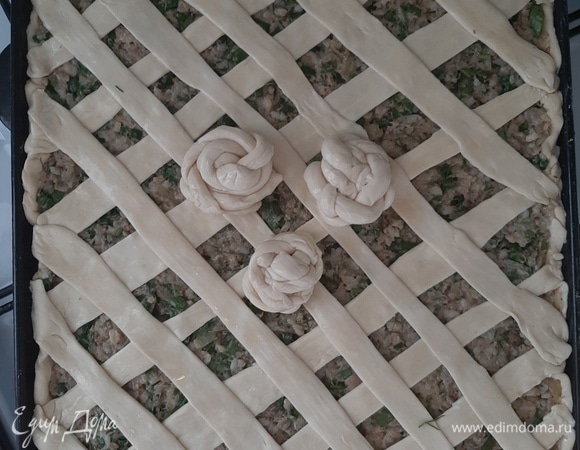 1/3 теста разрезать на полосочки разной длины, немного их раскатать и сделать сеточку. У меня осталось немного теста, я сделала розочки. Украсить можно по своему желанию. Смазать тесто взбитым яйцом.