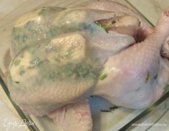 В каждый карман положить сливочное масло. Уложить курицу в форму для запекания.