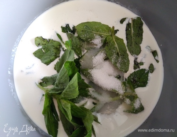 Соединить в сотейнике молоко, жирные сливки и сахар. Мяту хорошо промыть, оборвать листики и добавить к сливкам.