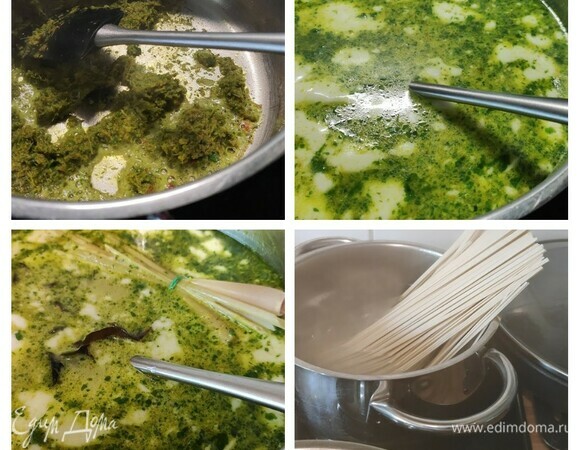 Разогреть масло в кастрюле (у меня кокосовое, но подойдет любое растительное) и добавить пасту карри. Нагреть при перемешивании около 1 минуты, затем влить бульон и кокосовое молоко и довести до кипения. Уменьшить огонь, чтобы суп не кипел слишком сильно, и добавить листья каффир-лайма и заранее замоченные в кипятке и нарезанные на полоски сухие грибы. Через 5 минут добавить кусочки куриного филе, а еще через 8 минут — креветки. Варить еще 2–3 минуты. Тем временем приготовить лапшу, слить ее через сито и промыть под холодной водой. В оригинальном рецепте это лапша удон, у меня другая китайская лапша. На мой взгляд, подойдет и соба, но не стеклянная или рисовая.