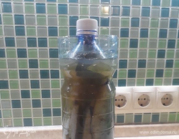 От пластиковой бутылки объемом 1,5 литра отрезаю горлышко. Рыбу опускаю в бутылку хвостами вверх. Но если рыба крупная, то можно головой к хвосту — валетом. В рассол добавляю уксус, перемешиваю и заливаю им рыбу. Сверху накрываю «крышкой» (отрезанным горлышком) и убираю в холодильник на двое суток. В холодильнике эта бутылка у меня стоит на двери, в межсезонье оставляю на балконе. Через двое суток рыба готова. Но можно оставить ее на хранение в этой же бутылке и дольше.