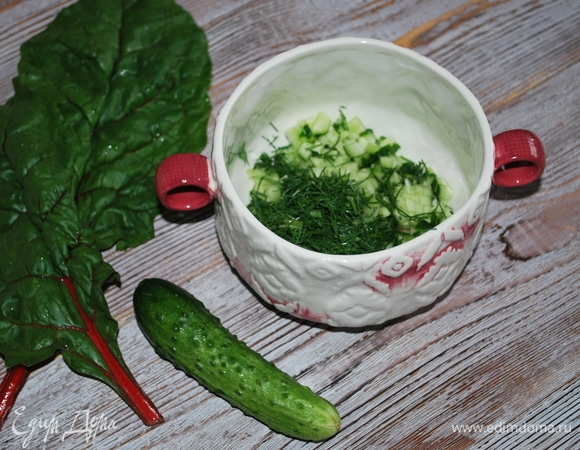 В тарелки добавить свежую зелень и нарезанный на кубики свежий огурец, налить холодный суп.