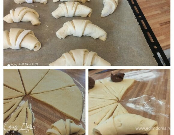 Выложить 1 ст. л. нутеллы в основание треугольника, затем свернуть со стороны заполнения в форме полумесяца. Выложить булочки-рогалики на два противня, выстланных бумагой для выпечки, накрыть промасленной пленкой и оставить еще на 30 минут в теплом месте для отдыха.