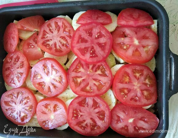 Помидоры нарезать кольцами и выложить поверх кабачков. Разогреть духовку до 200°C. Поместить форму в духовку на 15 минут.
