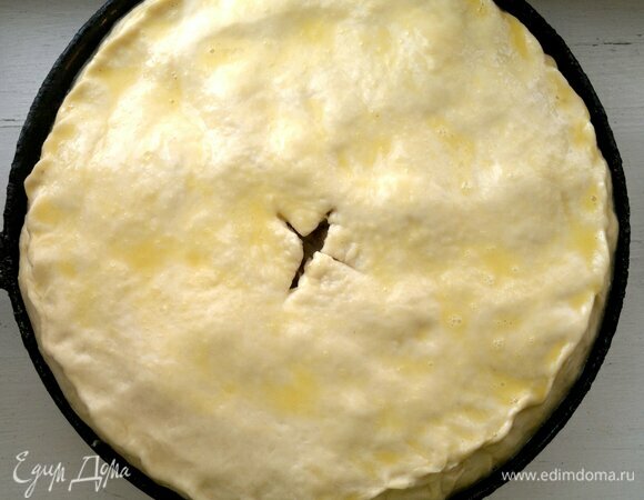 Раскатать в круг меньшую часть теста. Накрыть начинку пластом теста, защипав края. В середине пирога сделать отверстие для выхода пара. Дать пирогу подойти в форме минут 20. Затем смазать поверхность взбитым яйцом. Поставить форму в духовку, разогретую до 180°C, на 40–45 минут. Ориентируйтесь при выпечке на свою духовку.