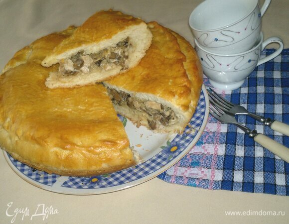 Разрезать на порции. Очень вкусно с чаем, молоком, кефиром или салатом из свежих или маринованных овощей. Угощайтесь! Приятного аппетита!