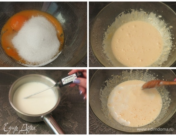 Подготовим продукты: кокосовое молоко (промышленное или самодельное), сливки 30–35%, соль морская. Отделяем желтки, соединяем с сахаром, взбиваем добела. Ставим нагреваться молоко кокосовое и половину порции сливок и нагреваем до температуры 80–88°C. Вливаем пару ложек горячей массы в яичную смесь, перемешиваем.