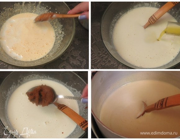 Объединяем желтковую и молочную массы. Вливаем оливковое масло, всыпаем соль, кладем пасту. Первоначально планировала 0,5 ч. л. соли, 1 ложку пасты, но поняла, что более яркий вкус предпочтительнее. Вы можете ограничиться половиной порции специй. Ставим массу на водяную баню, увариваем 10–15 минут, помешиваем. На ложке с массой должен оставаться след, если провести полоску.