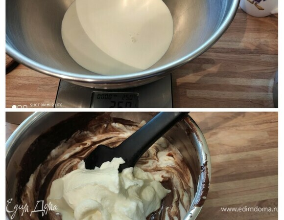 Внимание! Этот шаг важно делать непосредственно перед сборкой торта: взбить оставшиеся сливки до кремообразного состояния и аккуратно поэтапно ввести их в шоколадный крем. Мне крем показался немного жидковатым, поэтому я отправила миску в холодильник на 2 раза по 7 минут. Это время я потратила на сборку торта. Обратите внимание, что все жидкие ингредиенты для крема измеряются в граммах.