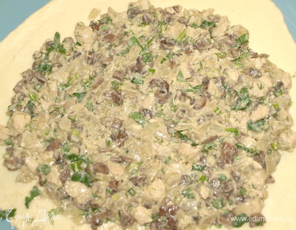 Выкладываем на тесто ровным слоем начинку, отступая от края на 2–3 см.