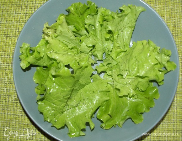 Салат промыть, дать стечь воде. Разложить по тарелке.