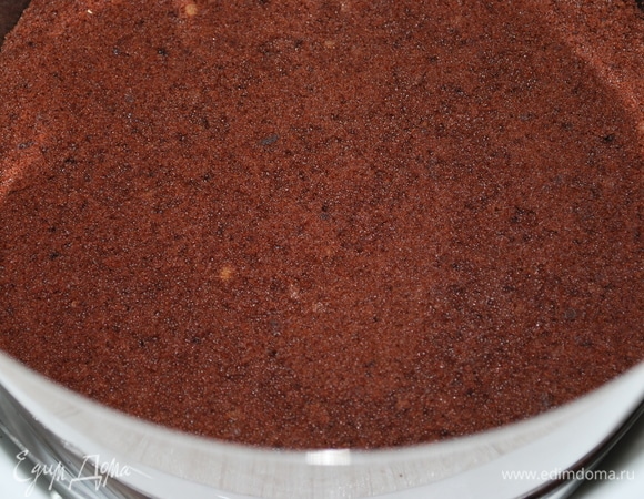 В кольцо диаметром 18 см вложила бордюрную ленту. Положила первый корж и нанесла на него абрикосовый джем. Сверху положила второй корж, слегка прижала. Убрала торт в холодильник на час.