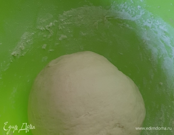 В дрожжевую воду добавить соль, масло и муку. Замесить тесто. Оставить на подъем. За время подъема два раза обмять.