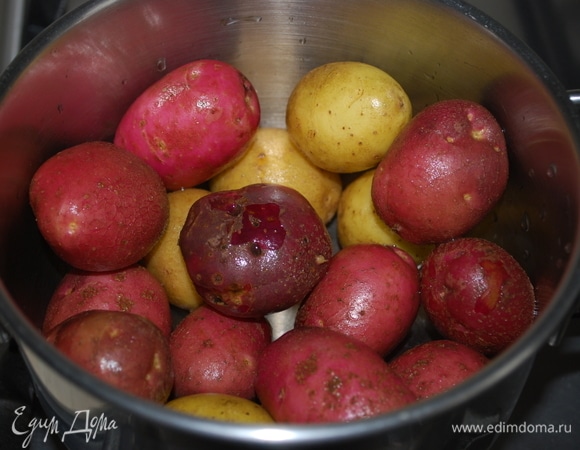 Молодой мелкий картофель отварить в мундире.