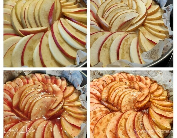 Затем нарезать оставшиеся яблоки на тонкие дольки или кружки (я оставила кожицу, чтобы яблочные ломтики держали форму) и выложить их плотно внахлест на поверхность крема. Запекать еще 30 минут. Затем смазать с помощью кисточки любым вареньем (у меня клубничное) и отправить в духовку еще на 15 минут.