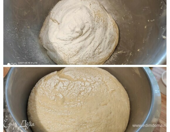 Готовим тесто. Растворить дрожжи в теплом молоке (молоко отвешивается в граммах). Растопить масло и отставить в сторону. В чаше комбайна смешать просеянную муку и сахарную пудру. Добавить соль и яйца, перемешать насадкой «крюк». Влить молоко с дрожжами и растопленое масло. Замесить тесто. Тесто относительно мягкое и немного липкое. Посыпать небольшим количеством муки, чашу накрыть пленкой и поставить в теплое место на 2 часа на расстойку.