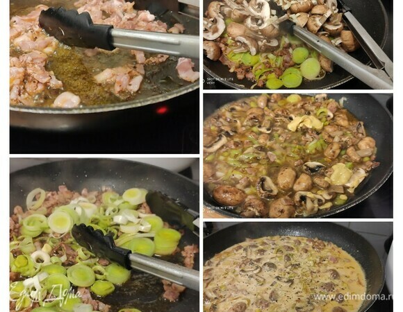 Бекон нарезать кусочками и выложить на горячую сковороду, в которой жарилась курица. Обжарить, добавить лук-порей, нарезанный кружками, все хорошо обжарить. Добавить грибы. Увеличить огонь и влить вино, дать выпариться алкоголю. Влить бульон и сливки. Добавить горчицу, тщательно размешать. Посолить и поперчить по вкусу, добавить листики тимьяна.