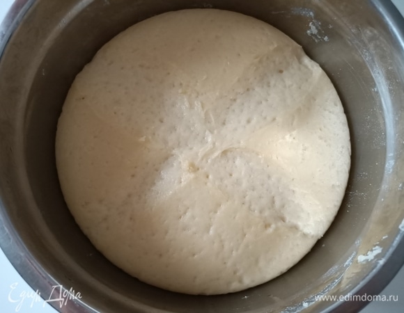 Соединить сухие ингредиенты с жидкими и замесить гладкое эластичное тесто. Накрыть пищевой пленкой и поставить в теплое место на 2–3 часа.