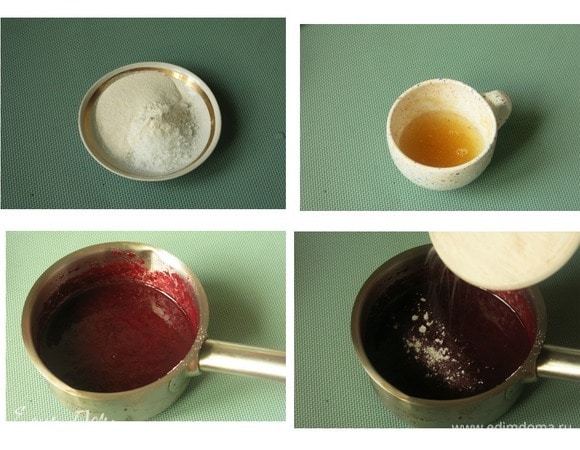 Пектин смешиваем с 15 г сахара. Желатин замачиваем в холодной воде. В пюре всыпаем дождиком пектин с сахаром.