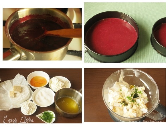 Ставим массу на средний огонь. Помешивая, доводим до кипения и провариваем 1 мин. Снимаем с огня и вводим набухший желатин (эти этапы без фото, потому что делается все быстро). Перемешиваем и быстро распределяем по формам. Замораживаем. Не допустите ошибку мою, достаточно заморозьте, плотная структура при запекании у меня не получилась, образовалась текучая прослойка, хотя в этом также есть свой смак. Приступаем к чизкейку, по сравнению с другими этапами этот более простой. Главное — подготовить все компоненты. Заранее растапливаем масло, охлаждаем до комнатной температуры. Все составляющие рецепта выкладываем в комбайн, перемешиваем до абсолютно однородного состояния. Я заменила цедру апельсина на цедру лайма по сравнению с исходным рецептом.