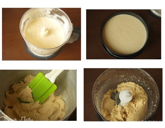 Процеживаем сквозь сито. На песочное основание выкладываем кружок (кружки) замороженной вставки и заливаем массой для чизкейка до верха. Духовку разогреть до 180°C. Выпекаем 16–20 минут для мелких кругов, 26–30 — для большого, после чего духовку выключаем и оставляем чизкейк внутри до полного остывания. После этого переставляем в холодильник и охлаждаем в течение 12 часов. Ореховая прослойка. Измельчаем миндаль очищенный. Шоколад растапливаем и остужаем до 30–32°C. Переливаем к миндальной крошке и снова пробиваем в однородную пасту. Оставляем на 6–8 часов при комнатной температуре в емкости с закрытой крышкой. Перед подачей этот компонент пришлось нагреть в микроволновке для пластичности. В исходном рецепте этот шаг отсутствует, возможно, структура зависит от качества шоколада. Этот слой показался мне излишне сладким, может быть, на большую форму стоит использовать меньшее количество или растапливать чистый шоколад без добавок, а у меня были чипсы.