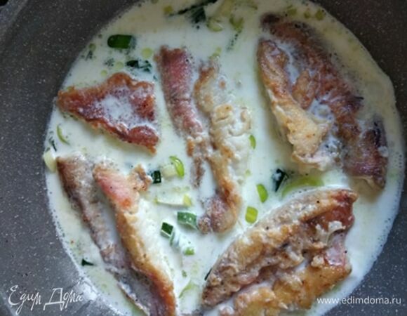 На лук выложить рыбу, залить горячим молоком, накрыть крышкой и тушить на медленном огне минут 7–10, до готовности. Подавать с гарниром, полив соусом. Приятного аппетита!