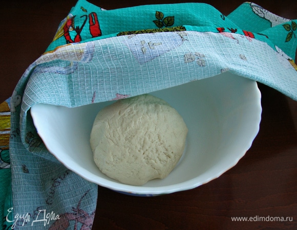 Из просеянной муки, горячей воды и 1 ст. л. растительного масла замесить упругое тесто. Накрыть салфеткой и оставить минут на 10.