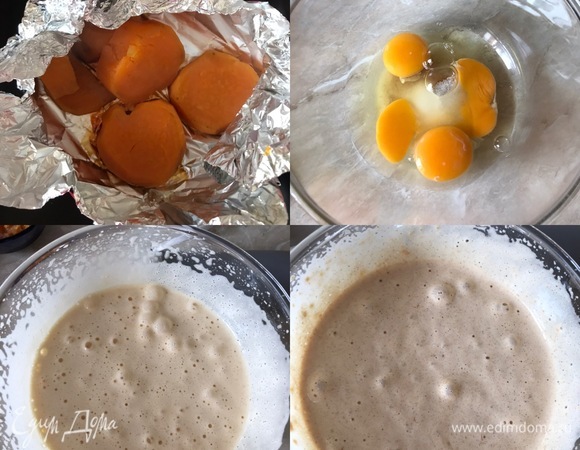 Нам понадобится 115 г готового бататового пюре. Батат запечь в духовке, остудить и размять вилкой. Духовку нагреть до 180°C. Противень размером 28 х 33 см застелить бумагой для выпечки и смазать сливочным маслом. Кухонное полотенце посыпать сахарной пудрой. В миске хорошо взбить яйца и оба вида сахара. Должна получиться пышная масса. Потом добавить бататовое пюре, ванильный сахар, корицу и еще раз взбить.