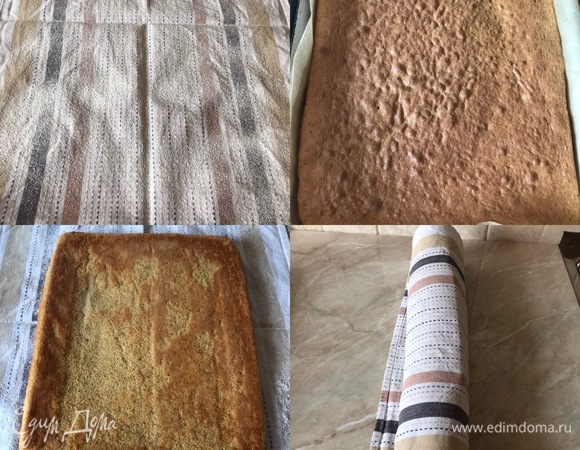 Поставить в духовку и выпекать 11–15 минут до золотистой корочки. Испеченное тесто горячим переложить бумагой вверх на кухонное полотенце. Отделить бумагу и аккуратно вместе с полотенцем свернуть в рулет. Дать полностью остыть.