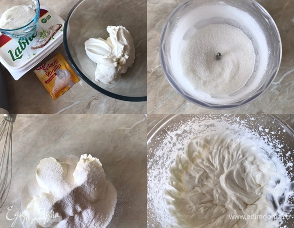 Для крема: сахар измельчить в блендере. В миске смешать сливочный сыр, сахар, ванильный сахар и хорошо взбить. Поставить готовый крем в холодильник на 10–15 минут.