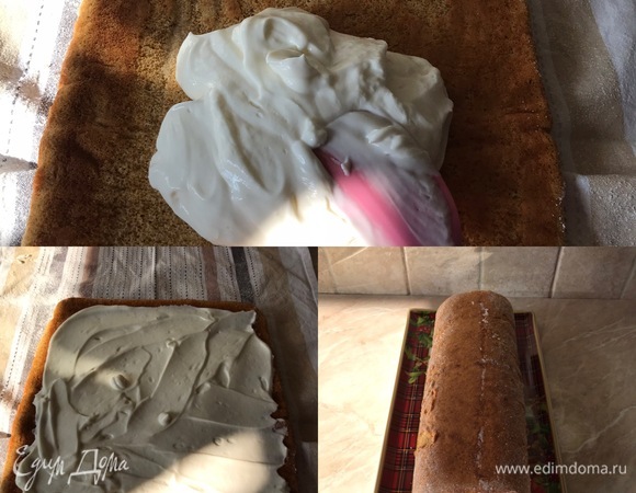 Сборка: остывший рулет аккуратно развернуть, смазать кремом и аккуратно свернуть обратно. Накрыть пищевой пленкой и поставить в холодильник минимум на час.