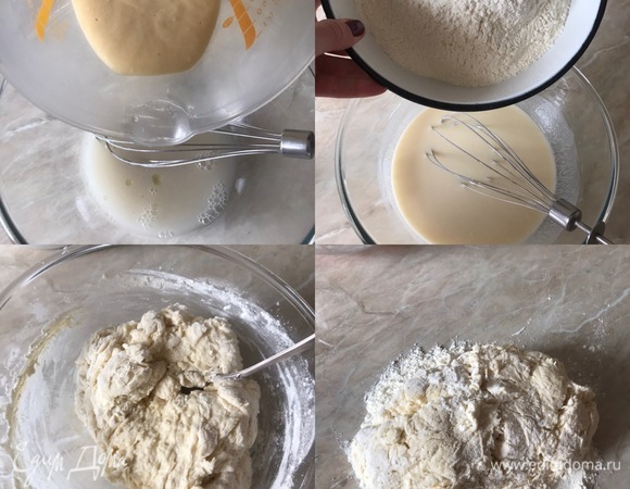 Добавить эту смесь к разведенным дрожжам и перемешать венчиком. Затем начать постепенно добавлять муку. Замесить нежное тесто.