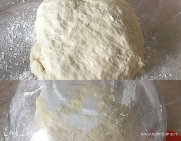 Переложить в миску (я оставляю на столе и просто накрываю миской) и оставить в теплом месте на полтора часа. Не надо ждать, что тесто сильно увеличится в объеме, мы просто даем ему слегка подняться и отдохнуть.