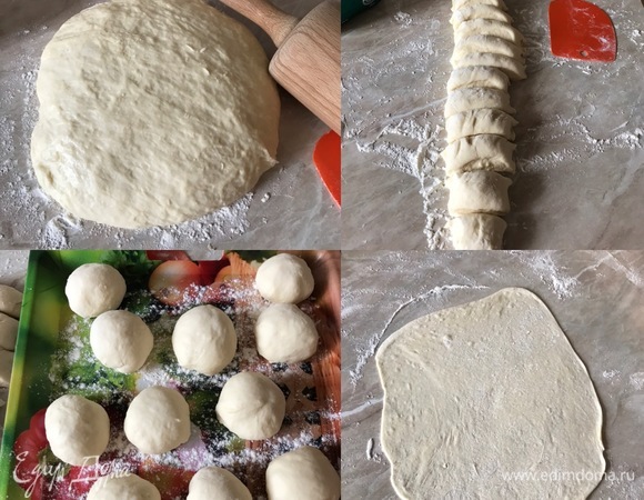 Спустя указанное время стол хорошо посыпать мукой, переложить тесто, обмять и разделить на 12–15 частей. Каждую часть скатать в «колобок». Затем берем «колобок», припыляем стол слегка мукой и раскатываем его в тонкую лепешку. Лепешка не должна быть ровной и круглой, главное —просто тонко раскатать тесто.